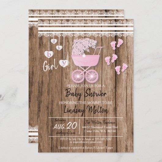 Invitation Country Baby Girl Douche Design (Devant / Derrière)