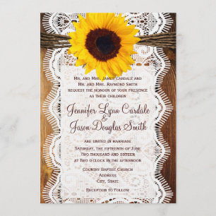 Invitation Country Barn Wood Lace Sunflower Invite au mariage