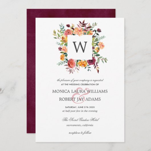 Invitation Country Bloom Autum Couleurs Floral Monogram Maria (Devant / Derrière)