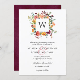 Invitation Country Bloom Autum Couleurs Floral Monogram Maria