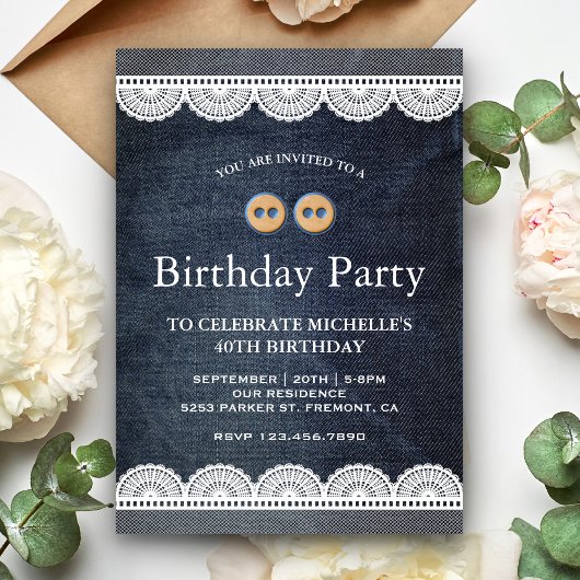 Invitation Country Blue Denim White Lace Anniversaire