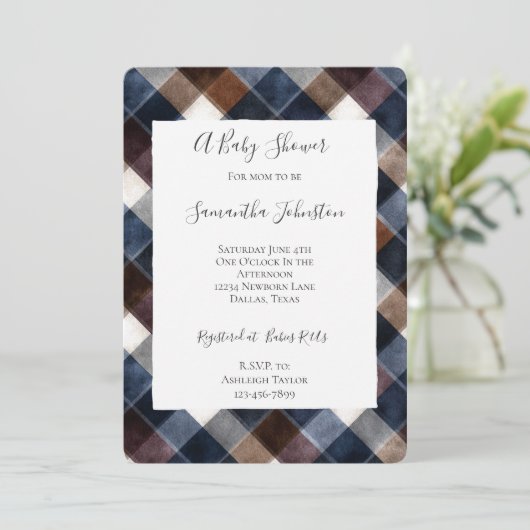 Invitation Country Blue Red White Squares Baby Shower (Debout devant)