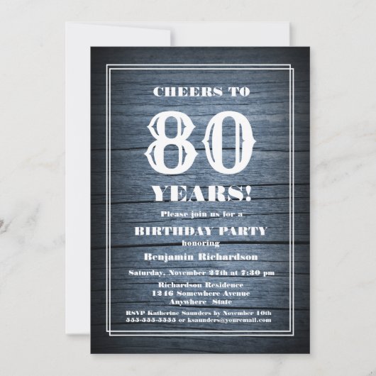 Invitation Country Blue Wood 80e fête d'anniversaire (Devant)
