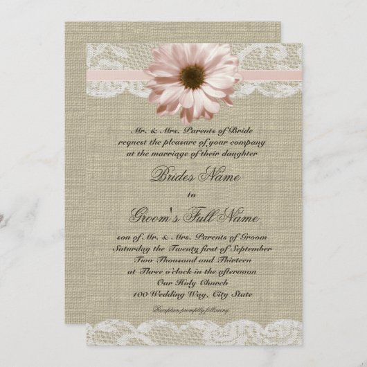 Invitation Country Blush Daisy et Lace Rustic Burlap Mariage (Devant / Derrière)