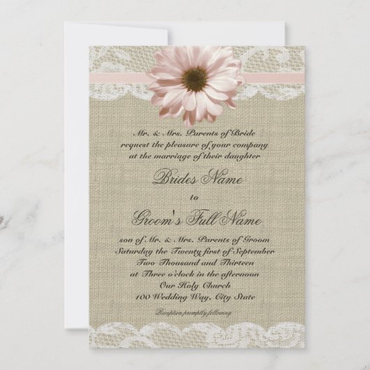 Invitation Country Blush Daisy et Lace Rustic Burlap Mariage (Devant)