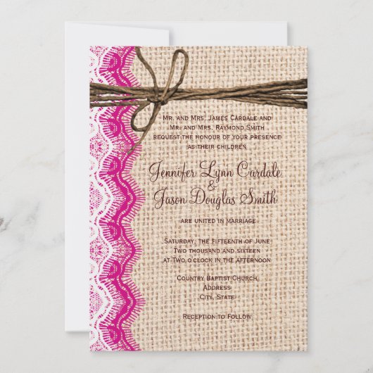 Invitation Country Burlap Un mariage en dentelle rose invite (Devant)