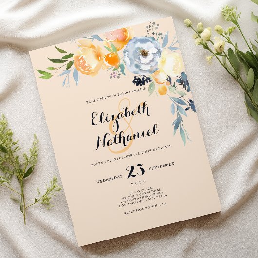 Invitation Country chic orange blue ivory floral wedding