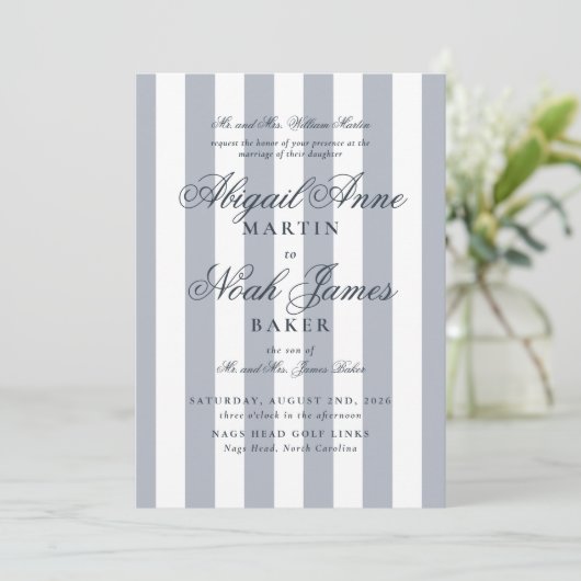 Invitation Country Club Formal Elegant Bleu Mariage rayé (Debout devant)