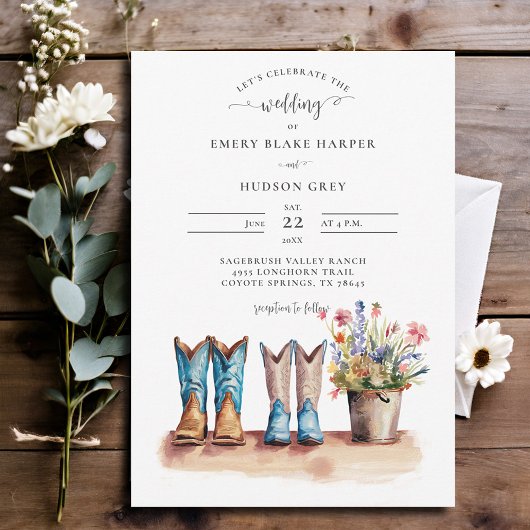 Invitation Country Cowboy Boots Fleur sauvage Russe Mariage