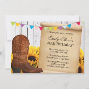 Invitation Country Cowgirl & Sunflowers Bois fête d'anniversa