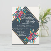 Invitation Country Fall Blue Gold Aquarelle Fleurs Anniversai (Debout devant)
