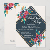 Invitation Country Fall Blue Gold Aquarelle Fleurs Anniversai (Devant / Derrière)