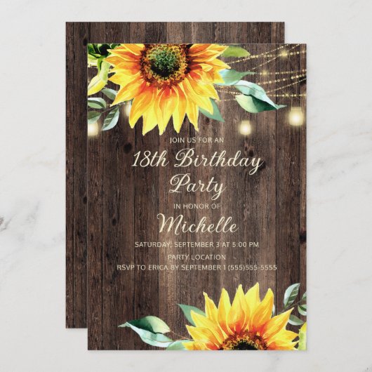 Invitation Country Grange String Lights tournesol 18e anniver (Devant / Derrière)