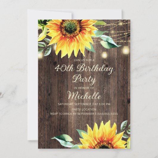 Invitation Country Grange String Lights tournesol 40e anniver (Devant)