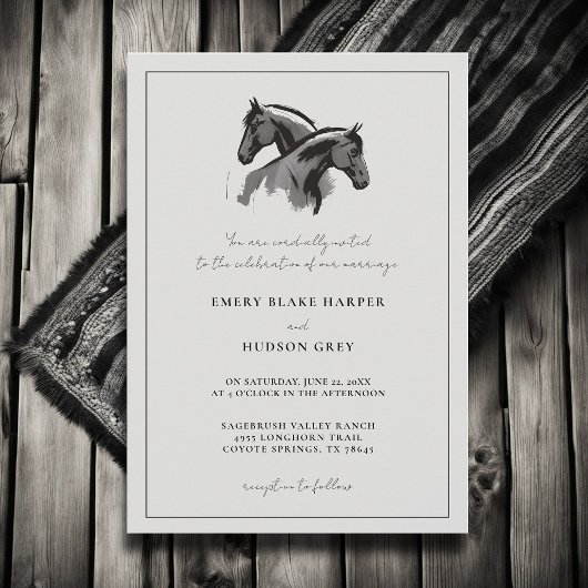 Invitation Country Horses Frame Western Elegant BW Mariage