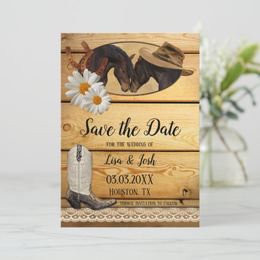 Invitation Country Horses Rustic Wood Lace Enregistrer la car (Debout devant)