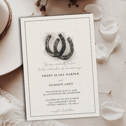 Invitation Country Horseshoes Vintage Western BW Wedding