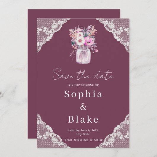 Invitation Country Lace Mason Jar Burgundy Enregistrer la dat (Devant / Derrière)