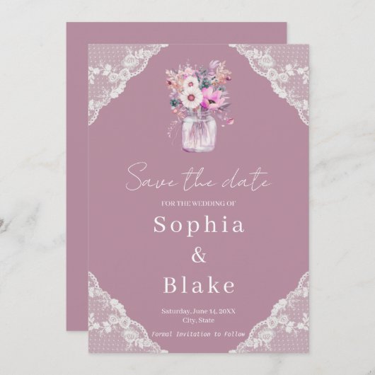 Invitation Country Lace Mason Jar Rose Enregistrer la date (Devant / Derrière)