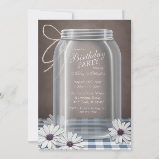 Invitation Country Mason Jar Blue En vichy fête d'anniversair (Devant)