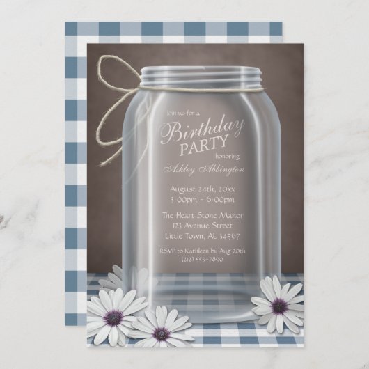 Invitation Country Mason Jar Blue En vichy fête d'anniversair (Devant / Derrière)
