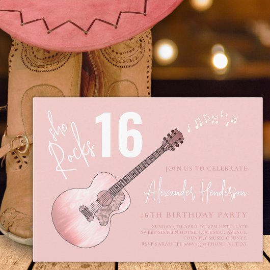 Invitation Country Music Guitar 16e anniversaire fête rose