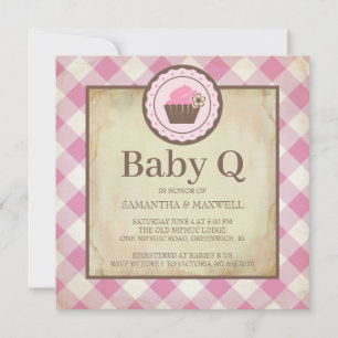 Invitation Country Pink En vichy et Cupcake Baby Q Pique-niqu