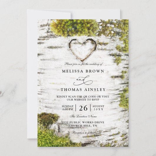 Invitation Country Rustic Birch Tree Bark QR Code Wedding (Devant)
