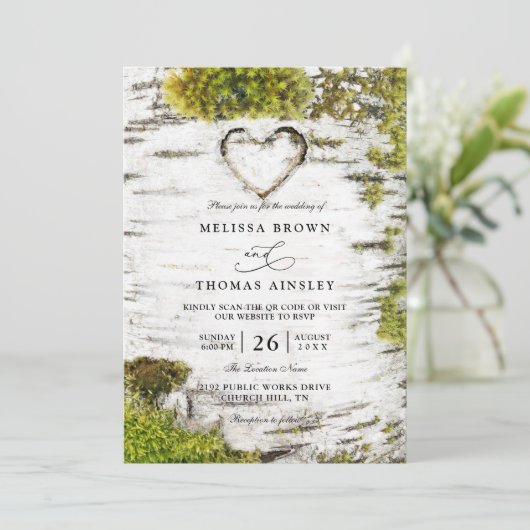 Invitation Country Rustic Birch Tree Bark QR Code Wedding (Debout devant)