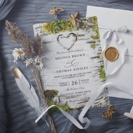 Invitation Country Rustic Birch Tree Bark QR Code Wedding