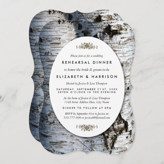 Invitation Country Rustic Birch Tree Dîner de répétition Mari (Devant / Derrière)