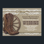 Invitation Country Rustic Burlap et dentelle mariage Invitati<br><div class="desc">Country Rustic Burlap et Lace Wedding Invitations - présente ficelle imprimée,  burlap et dentelle avec bottes de cowboy. Derrière les bottes se trouve une roue de wagon rustique.</div>