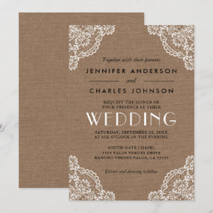 Invitation Country Rustic Burlap Lace Corner Mariage détail