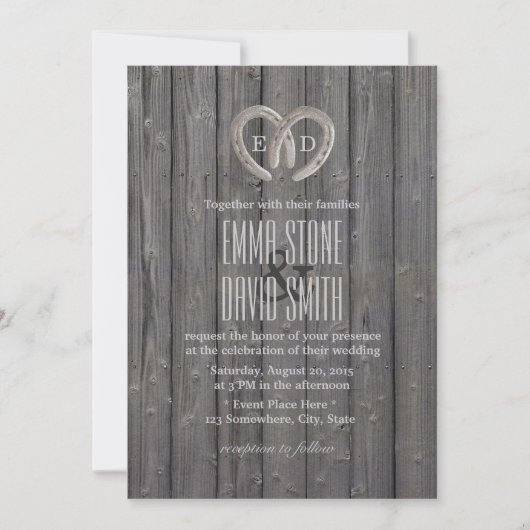Invitation Country Rustic Horseshoe Heart Barn Wood Mariage (Devant)