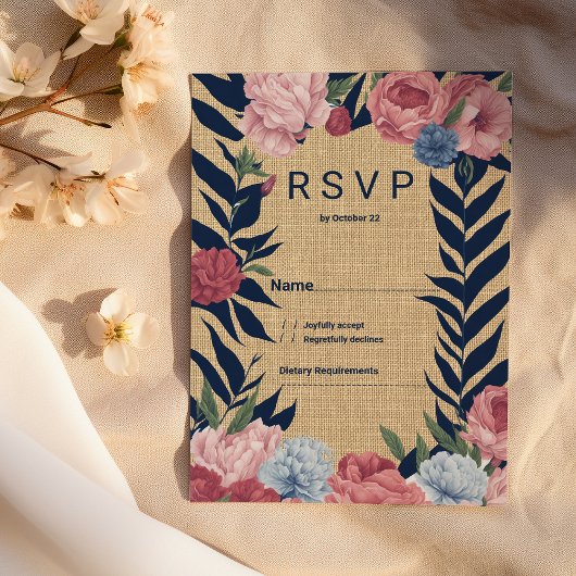 Invitation Country rustic ivory navy blue pink floral RSVP