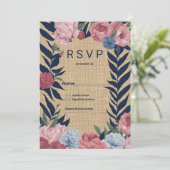Invitation Country rustic ivory navy blue pink floral RSVP (Debout devant)