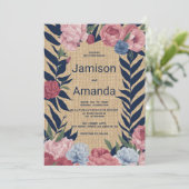 Invitation Country rustic ivory navy blue pink floral Wedding (Debout devant)