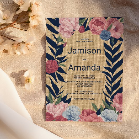 Invitation Country rustic ivory navy blue pink floral Wedding