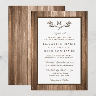 Invitation Country Rustic Monogram Branche & Mariage bois