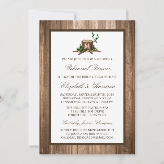 Invitation Country Rustic Monogram Tree Dîner de répétition s (Devant)