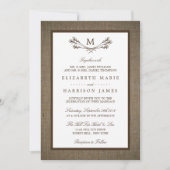 Invitation Country Rustic Monogramme Branche & Mariage Burlap (Devant)