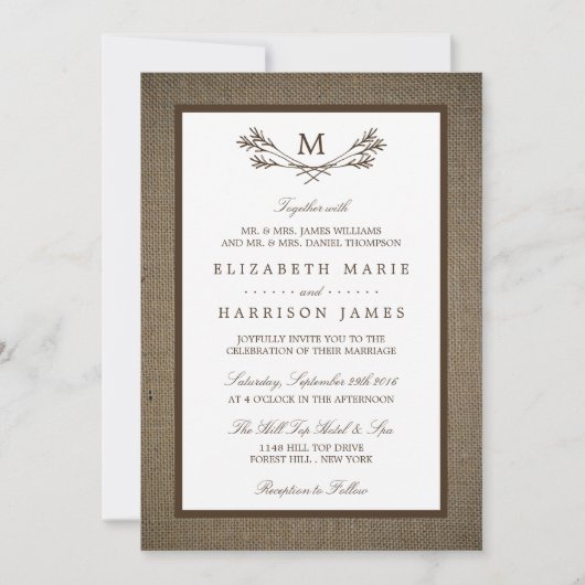 Invitation Country Rustic Monogramme Branche & Mariage Burlap (Devant)