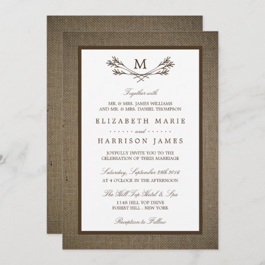Invitation Country Rustic Monogramme Branche & Mariage Burlap (Devant / Derrière)