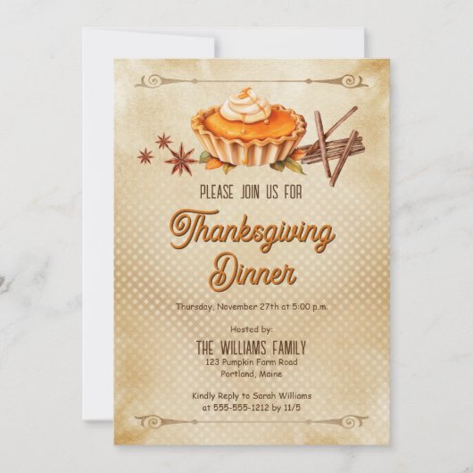 Invitation Country Rustic Pumpkin Pie Thanksgiving Dinner (Devant)