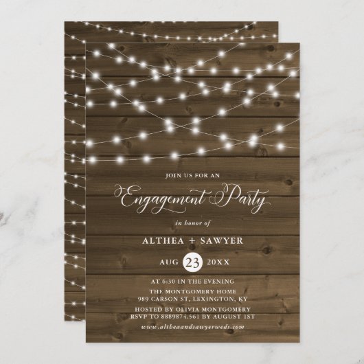 Invitation Country Rustic String Lights Partie d'engagement (Devant / Derrière)