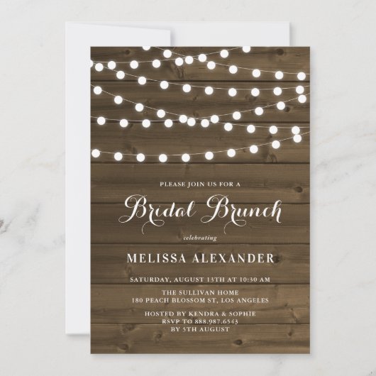 Invitation Country Rustic String Lumières Bois Bridal Brunch (Devant)