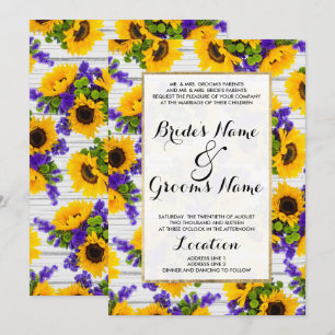 Invitation Country Rustic White Wood Purple Yellow Sunflower
