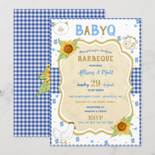 Invitation Country Sunflower Blue En vichy bébé Q Barbecue