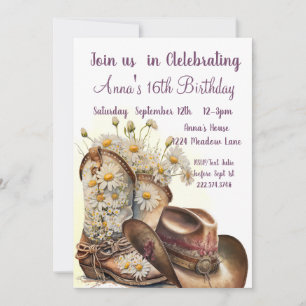 Invitation Country Western, Boots Cowboy, 16e anniversaire