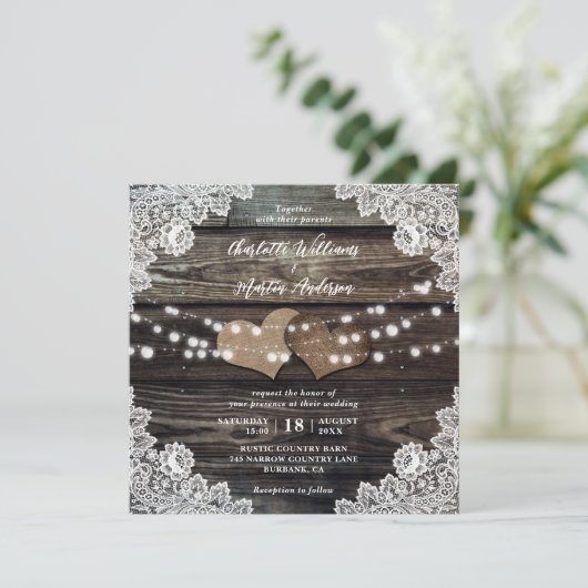 Invitation Country Wood Burlap Hearts Floral Lace Mariage (Debout devant)